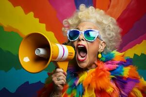 AI generated Confident and vibrant older woman making a bold statement with a megaphone in a fashion studio shoot photo