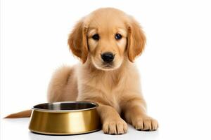 AI generated Playful puppy with food bowl on white background, perfect for text placement and messaging photo