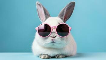 AI generated Adorable white bunny wearing sunglasses on vibrant solid backgroundStudio shot with copy space. photo
