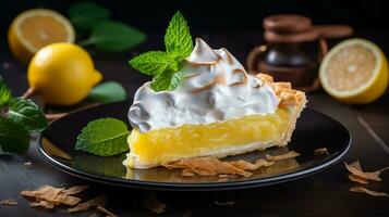 AI generated Delicious lemon meringue pie with fresh lemons and fluffy meringue topping for breakfast or dessert photo