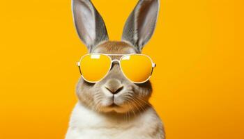 AI generated Cute white bunny wearing sunglasses in bright solid color background   studio shot with text space photo