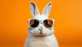 AI generated Cute white bunny wearing sunglasses on bright solid color background with space for text photo