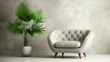 AI generated Minimalist armchair on white concrete wall with empty picture frame and canvas mockup photo