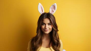 AI generated Cheerful woman with bunny ears and colorful easter eggs, yellow studio shot on a vibrant background photo