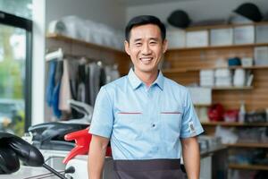 AI generated asian handyman smiling in his workshop bokeh style background with Generated AI photo