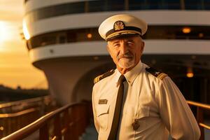 AI generated old male captain standing in front of the ship bokeh style background with Generated AI photo