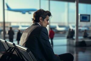 AI generated a business man sitting on the airport chair at the airport bokeh style background with Generative AI photo