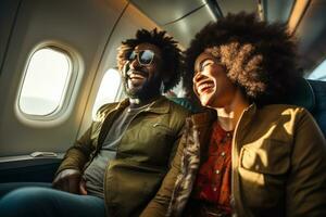 AI generated happy african american couple sitting in the plane bokeh style background with Generative AI photo