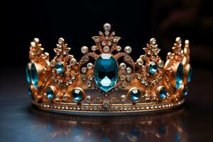 AI generated a blue diamond crown on wood table bokeh style background with Generated AI photo