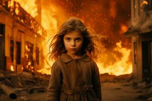 ai generado un joven niña en pie en frente de un ardiente edificio bokeh estilo antecedentes con generativo ai foto