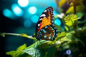 AI generated blue and yellow butterfly sitting on green plant leaves bokeh style background with Generated AI photo