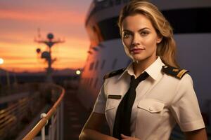 AI generated a female captain standing in front of the ship bokeh style background with Generated AI photo