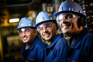 AI generated three maintenance engineer wearing blue uniform smiling bokeh style background with Generated AI photo