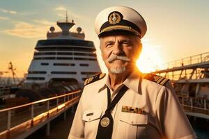 AI generated old male captain standing in front of the ship bokeh style background with Generated AI photo