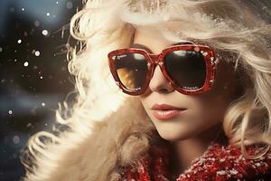 AI generated Stylish woman as female santa claus in sunglasses spreading holiday cheer with a big smile photo