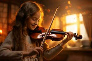 ai generado joven niña jugando violín bokeh estilo antecedentes con generativo ai foto