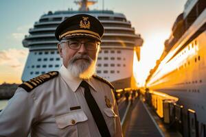 AI generated old male captain standing in front of the ship bokeh style background with Generated AI photo