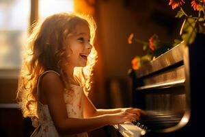 ai generado un niña jugando piano en vivo habitación bokeh estilo antecedentes con generativo ai foto