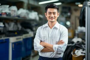 AI generated asian repairman smiling at laundry shop bokeh style background with Generated AI photo