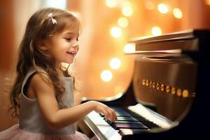 ai generado un niña jugando piano en vivo habitación bokeh estilo antecedentes con generativo ai foto