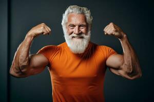 AI generated an elderly man show his muscle in dark background bokeh style background with Generative AI photo