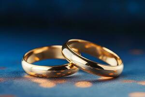 AI generated close up of two gold wedding rings on blue background bokeh style background with Generated AI photo