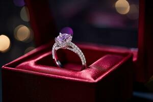 AI generated a diamond wedding ring in a red purple box bokeh style background with Generated AI photo