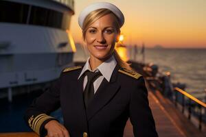 AI generated a female captain standing in front of the ship bokeh style background with Generated AI photo