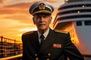 AI generated old male captain standing in front of the ship bokeh style background with Generated AI photo