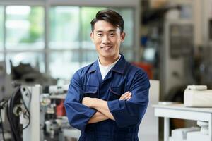 AI generated asian handyman smiling in his workshop bokeh style background with Generated AI photo