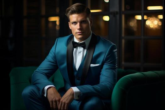 AI generated handsome man model wearing blue tuxedo bokeh style background with Generated AI photo