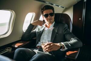 AI generated businessman sitting on private jet bokeh style background with Generated AI photo