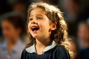 AI generated a young girl singing on the stage bokeh style background with Generated AI photo