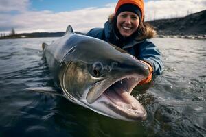 ai generado un mujer participación un grande pescado en el río bokeh estilo antecedentes con generativo ai foto