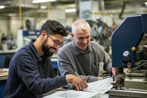 AI generated two men worker working in workshop bokeh style background with Generative AI photo