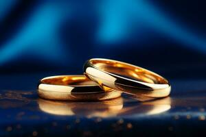 AI generated close up of two gold wedding rings on blue background bokeh style background with Generated AI photo