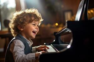 AI generated a boy playing piano in living room bokeh style background with Generative AI photo