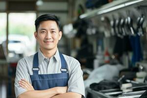 AI generated asian male business entrepreneur in his workshop bokeh style background with Generative AI photo