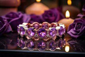 AI generated rose gold and purple gemstone ring bokeh style background with Generated AI photo