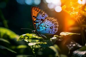 ai generado azul y amarillo mariposa sentado en verde planta hojas bokeh estilo antecedentes con generado ai foto