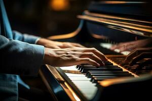 AI generated close up of hands playing the piano bokeh style background with Generated AI photo