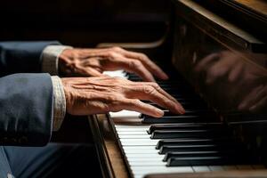 AI generated close up of hands playing the piano bokeh style background with Generated AI photo