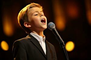 AI generated a young boy singing on the stage bokeh style background with Generated AI photo