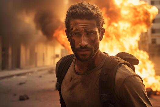 AI generated a man standing in front of a burning building bokeh style background with Generative AI photo