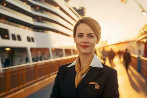 AI generated a female cruise stewardess standing in front of the ship bokeh style background with Generated AI photo