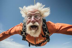 AI generated an old man taking a selfie while skydiving with Generated AI photo