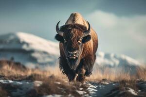 AI generated bull standing in the snow weather bokeh style background with Generative AI photo