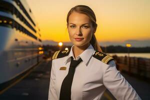 AI generated a female captain standing in front of the ship bokeh style background with Generated AI photo