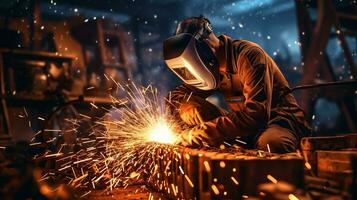 AI generated Skilled worker performing precise arc welding with electric welder in modern workshop photo