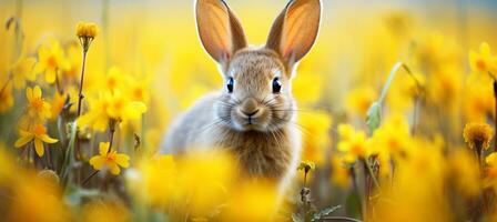 AI generated Adorable bunny with easter eggs in flowery meadow, vibrant spring colors on blurred background photo